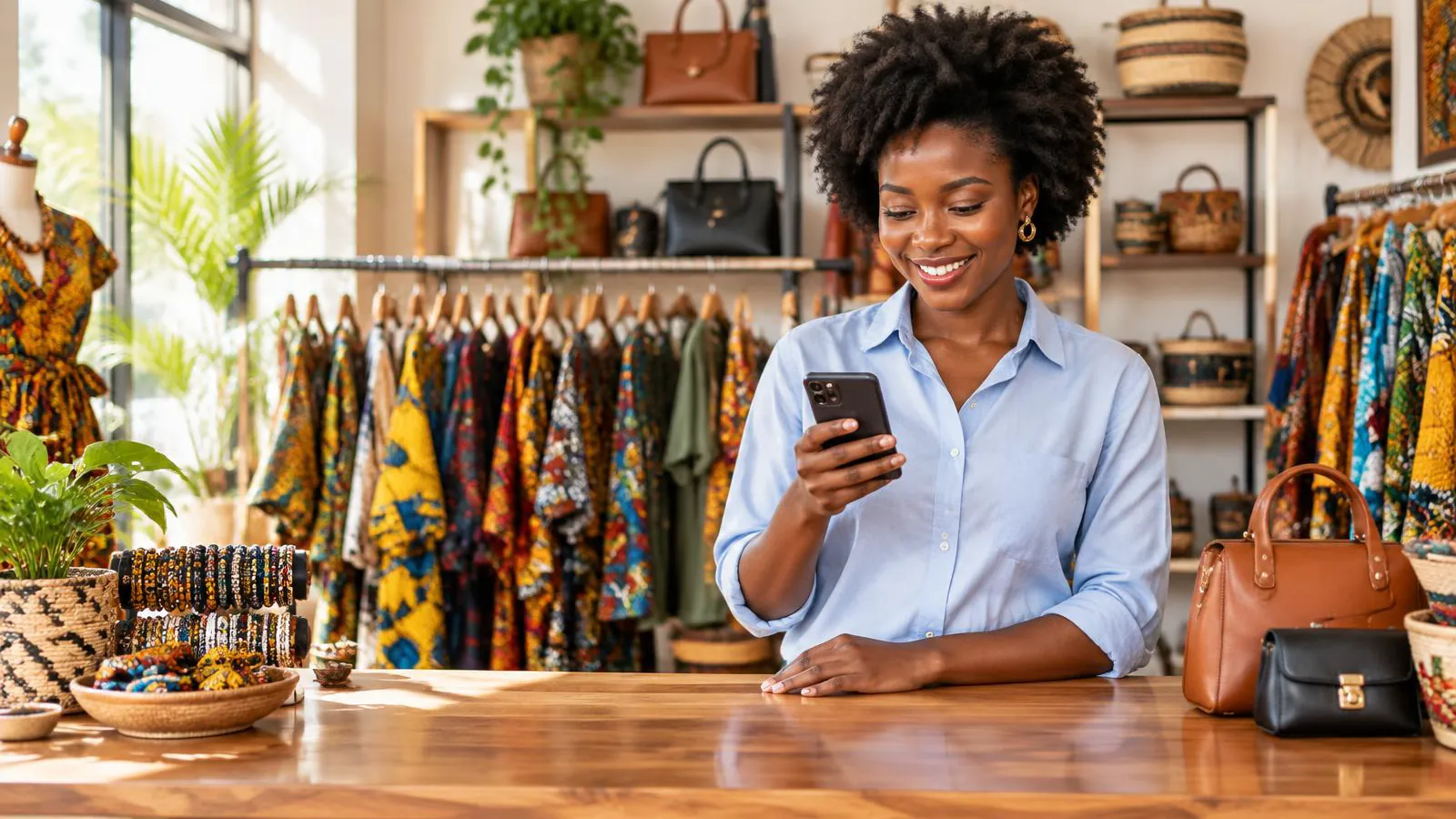 A boutique owner checking customer orders on her phone in her fashion shop